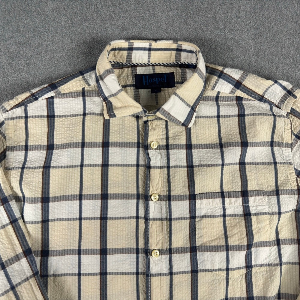 Haspel Seersucker Shirt Mens L Cream Blue Plaid Striped Button Up Long Sleeve